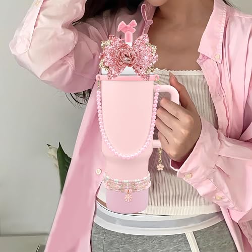 10-Piece Pink Flower Accessories Set for Stanley Cup 30/40oz Tumbler