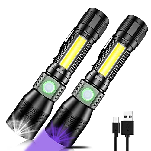 UV Flashlight Black Light, 2-Pack USB Rechargeable Blacklight Flashlight with Magnetic -Side Work Light, 7 Modes, Zoomable, Waterproof ? LED Torch for Mechanics Pet Urine Stains Detector