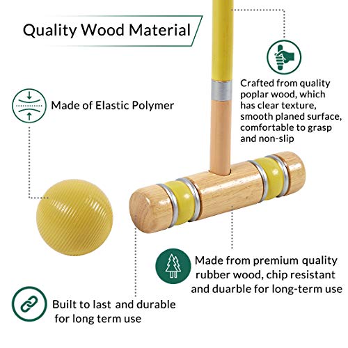Six Player Croquet Set - 28 Inch Wooden Mallets, Balls & Carry Bag