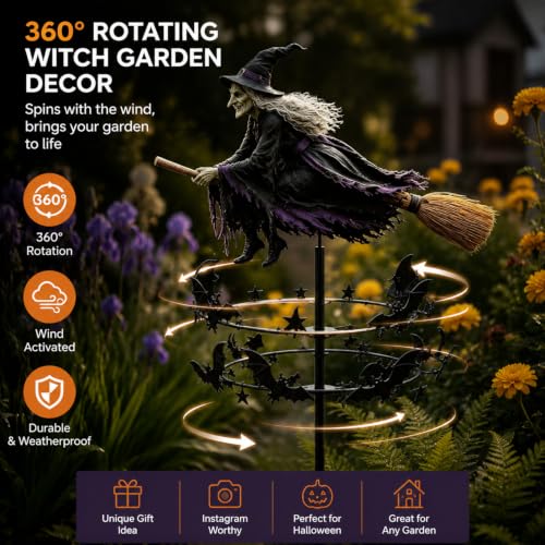 Wind-Powered Witch Spinning Garden Stake - Halloween Decor