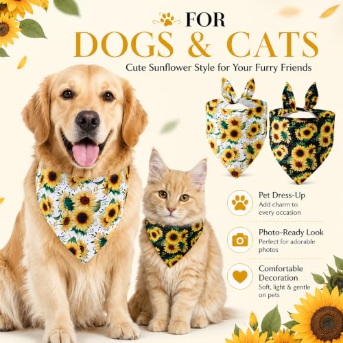Sunflower Dog Bandanas 2-Pack Adjustable Cotton Scarves for Small to Large Dogs & Cats