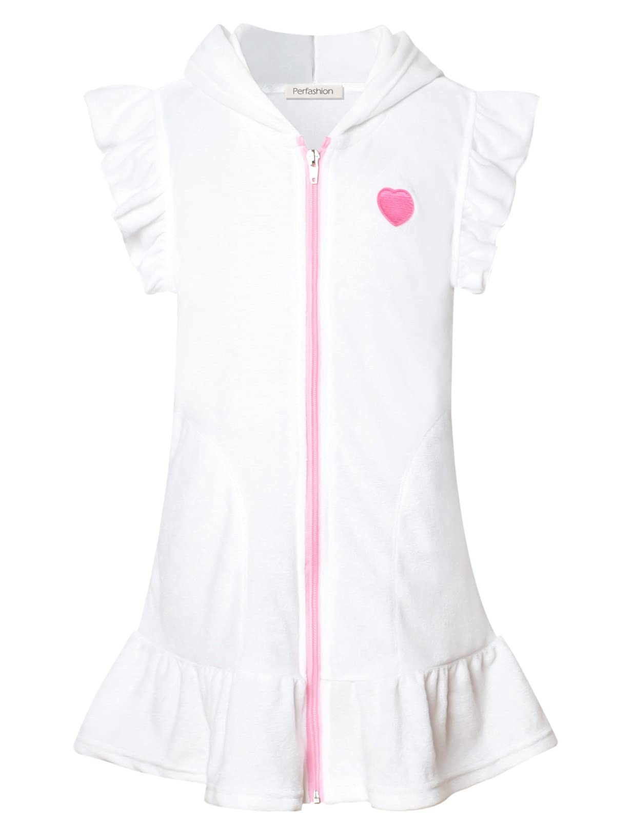Perfashion Girls Swim Cover Up Beach Swimwear Coverup Flutter Sleeve Swimsuit Wraps with Zipper 6-7y White