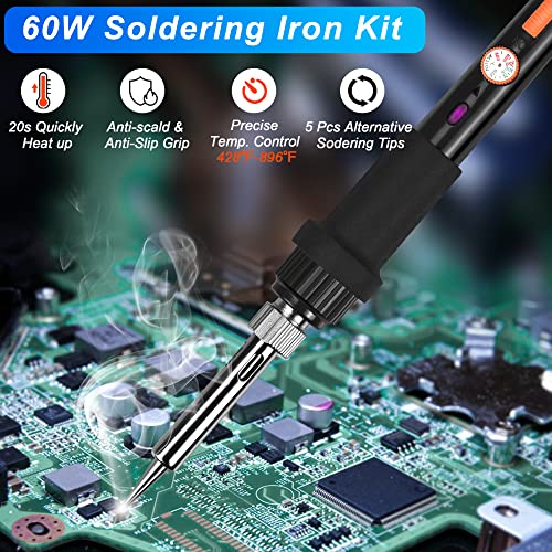 Soldering Iron Kit, 60W 110V Adjustable Temperature Soldering Iron with 5PCS Tips, Solder Wire, Stand, Welding Tool for Repair, Electric Repairing, DIY