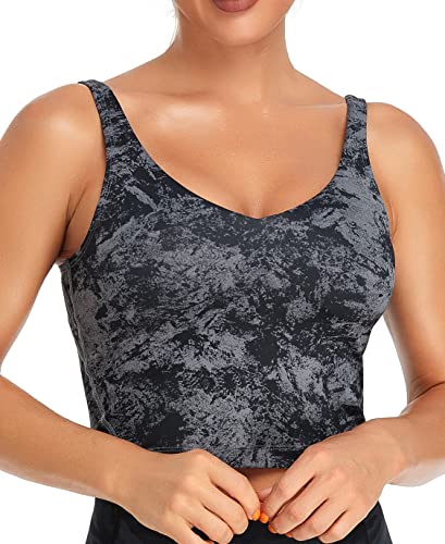 Longline Sports Bra for Women - Padded Crop Tank Top - X-Small Heart Black Carbon