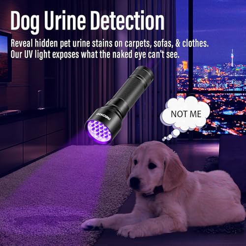 RECHOO UV Flashlight Black Light, 21 LED 395nm Ultraviolet Rechargeable Flashlights UV Light, Waterproof Portable BlackLight Flashlights for Pet Urine Detection, Dry Stains, Bed Bug, Fluorescent Agent