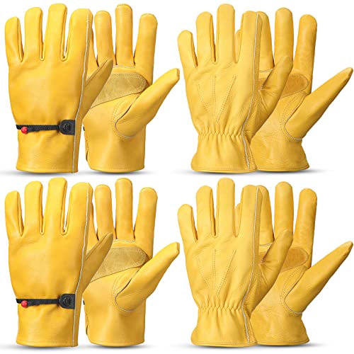 Bencailor 4 Pairs Leather Gloves for Work Leather Gardening Gloves Cowhide Durable Puncture Cut Resistant for Men Women