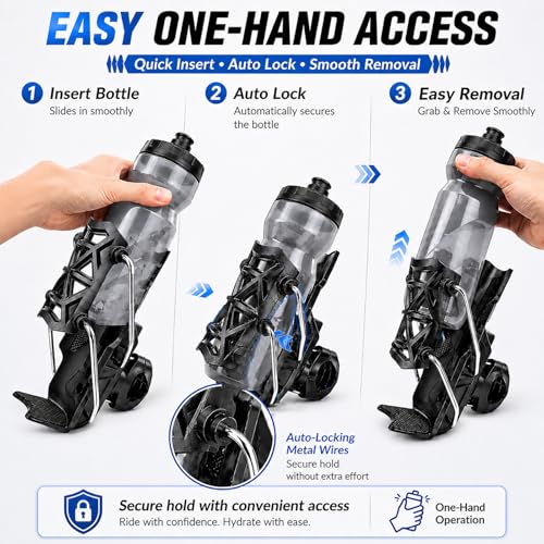 Bike Water Bottle Holder with Auto Locking Clamp - Black