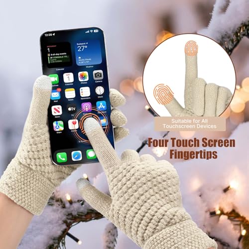 Thick Knit Winter Beanie Hat Scarf Gloves Set - Beige