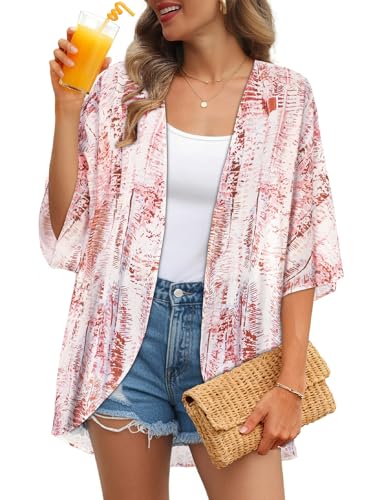 JILUVIN Women's Pink White Stripes Kimono Cardigan X-Large Beach Cover Up Summer Tops