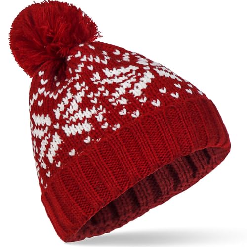 Winter Pom-Pom Beanie Hat for Women & Men - Red Medium