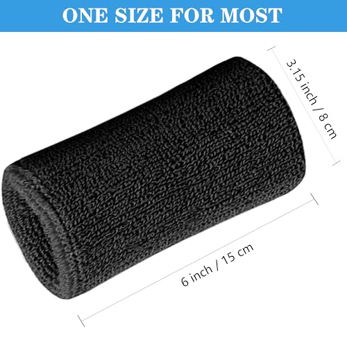 6 Inch Sweat Wristbands for Sports - Absorbent Cotton - Black (4 Pack)