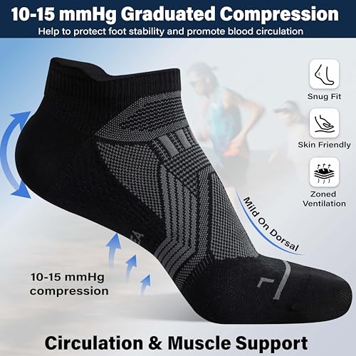 Hylaea Compression Ankle Socks for Running - Large Black 6 Pairs, Moisture Wicking Athletic Socks