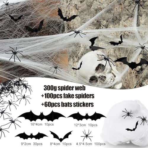 Halloween Spider Web Decorations - 1600 sqft with 100 Fake Spiders & 60 Bats