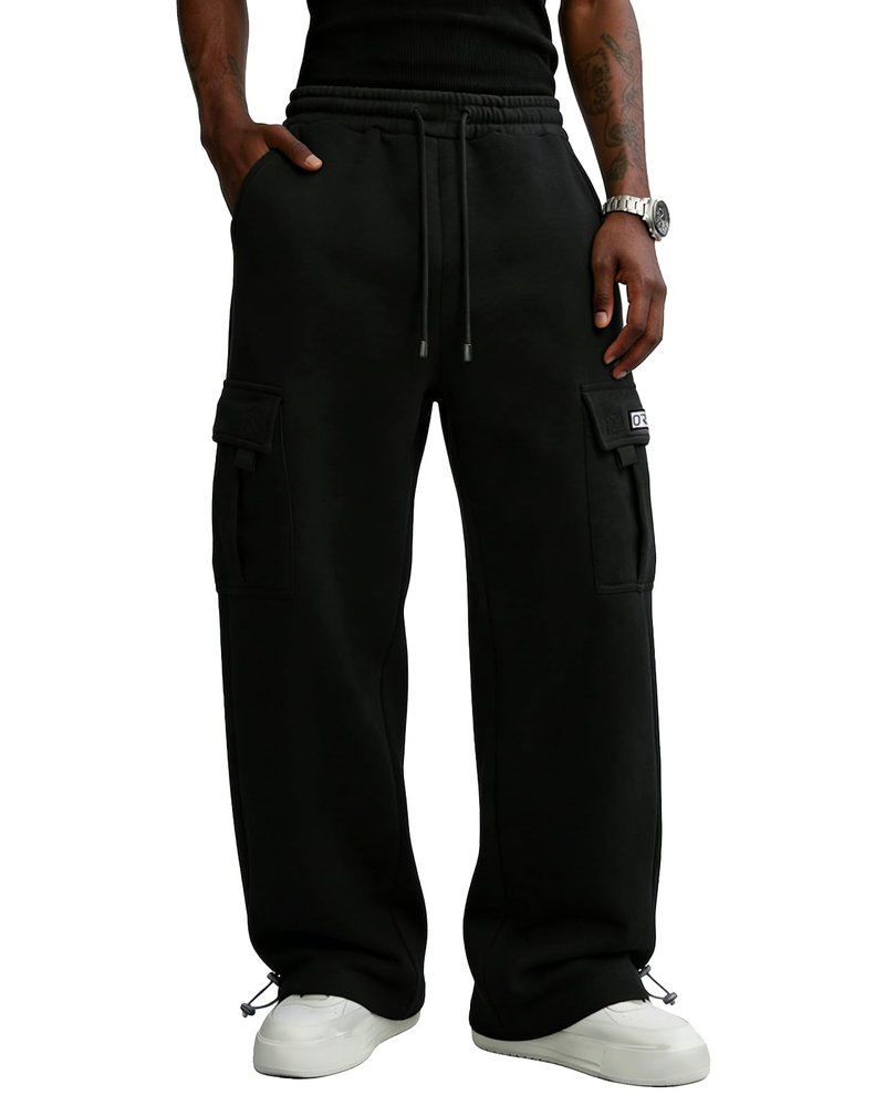 PIDO YOGA Men's Cargo Sweatpants Cotton Fleece Loose Fit Casual Jogging Hiking Pants Open Bottom Sweatpants for Men Athletic Workout with Pockets,Black