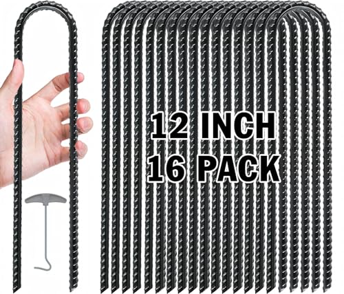 Gtongoko 12 Inch U-Shaped Ground Stakes 16 Pack for Trampolines, Tents, Fences