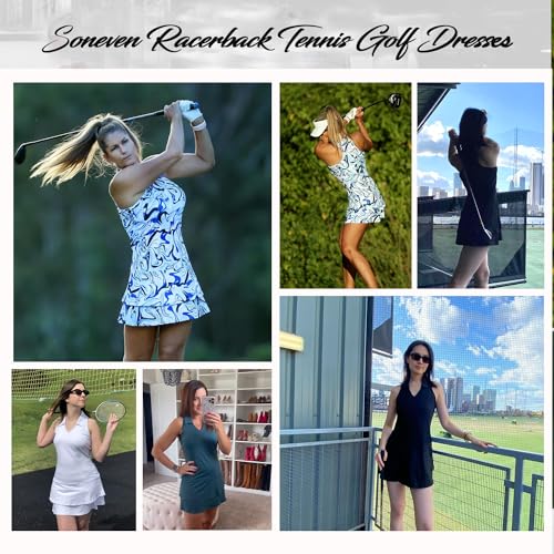 Soneven Women's Tennis Dress with Shorts & Pockets - Blue Leopard, Large