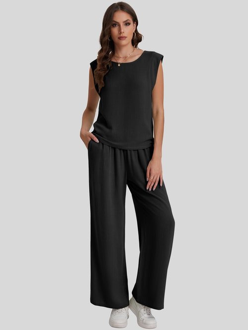 Bloggerlove Womens Summer 2 Piece Outfits Sleeveless Tank Top Wide Leg Pants Linen Jumpsuits Lounge Matching Beach Sets