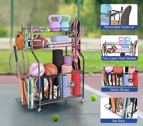 Heavy-Duty Sports Equipment Organizer Cart with Hooks & Bins