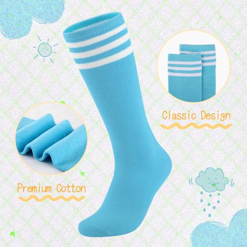 Kids Soccer Socks - 4 Pairs Knee High Cotton Striped - Black, White, Blue, Purple | Ages 7-10