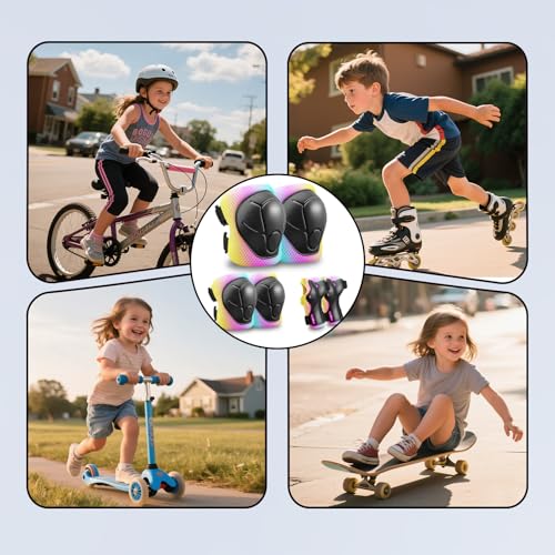 Kids Protective Gear Set - Knee & Elbow Pads with Wrist Guards - Pink/Blue/Yellow, Size S (3-8 Years)
