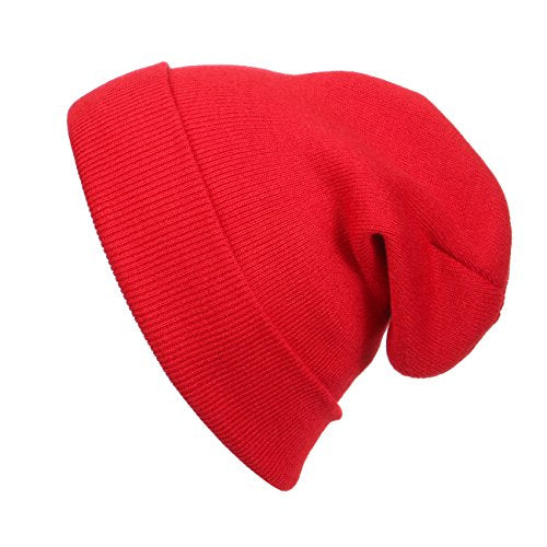Unisex 12-Inch Long Beanie - Soft Thick Winter Knit Hat - Fire Red