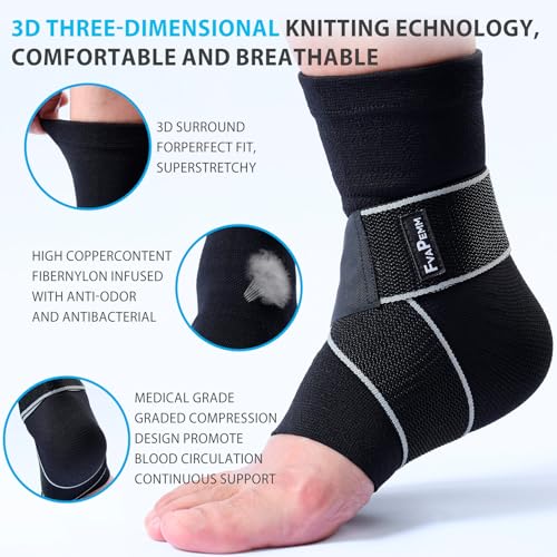 Copper Infused Ankle Compression Sleeve with Adjustable Strap - Medium, Black