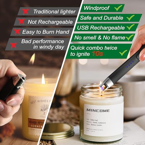 MINCOME Black Rechargeable USB Plasma Arc Candle Lighter Windproof Flameless Safety Lock