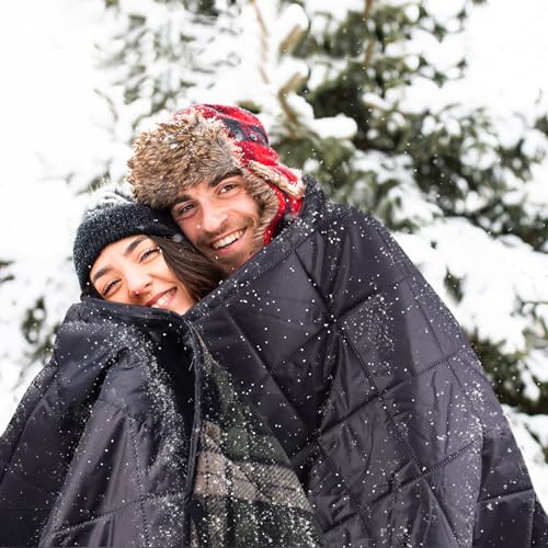 DUKUSEEK Waterproof Camping Blanket with Hood - Large Fleece Picnic Blanket for Outdoor, Stadium, Concerts, Car, Pet (Wine Red Plaid)