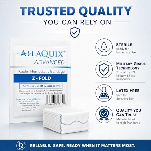 AllaQuix Kaolin Hemostatic Gauze 3in x 3.3ft, Quick Clotting Wound Dressing, 1 Pack