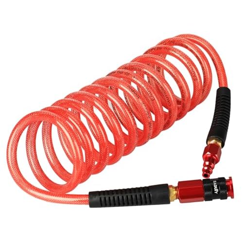 Heavy Duty Reinforced Polyurethane Recoil Air Hose 1/4 in x 10 ft, Lightweight, Flexible Compressor Hose with Universal Quick Coupler, Plug and Bend Restrictors, Red