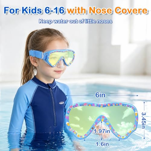 Kids Swim Goggles with Nose Cover - Anti-Fog UV Protection - Blue