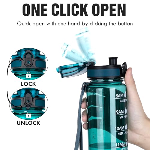 OLDLEY 32oz Deep Sea Water Bottle with Time Marker - Motivational Sports Flask