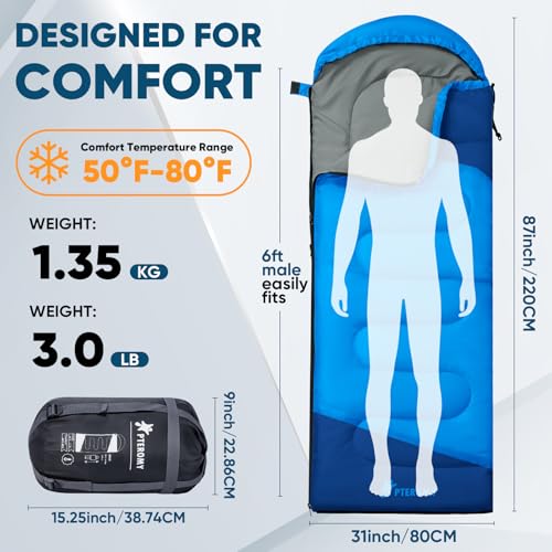 PTEROMY 50°F-80°F 3-Season Sleeping Bag for Adults, Lightweight & Water-Resistant, Blue