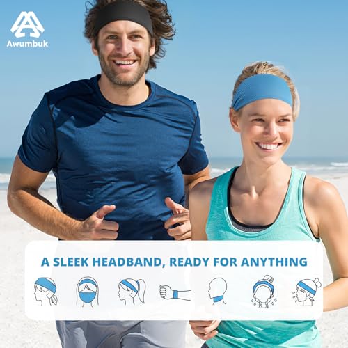 Cooling Headbands for Women - Non-Slip Moisture-Wicking Sweatbands - 4-Pack Blue