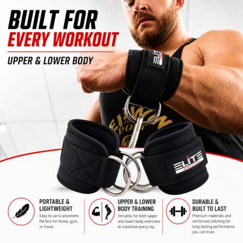 Padded Ankle Straps for Cable Machine - Pair, Neoprene Glute Cuffs - Black