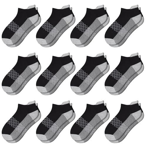 Comfoex 12 Pairs Kids Ankle Socks 4-6 6-8 8-10 Years Half-Cushioned Cotton Black 7-10 Years