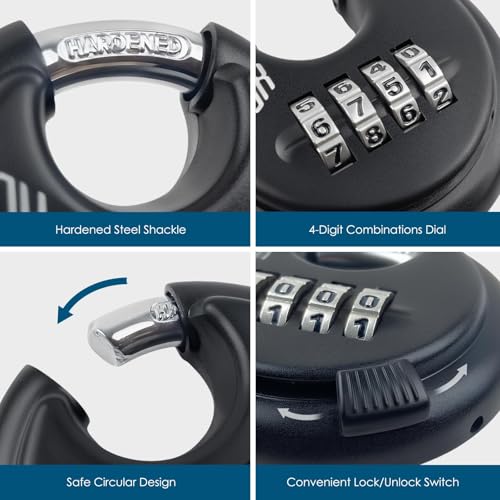 HOX Combination Lock, 4 Digit Disc Padlock with 3/8 Inch Hardened Steel Shackle, 2-3/4 Inch Zinc Alloy Wide Body, Keyless Heavy Duty Combo Lock for Hasp Latch, Sheds, Fences, Storage Locker (4 Pack)