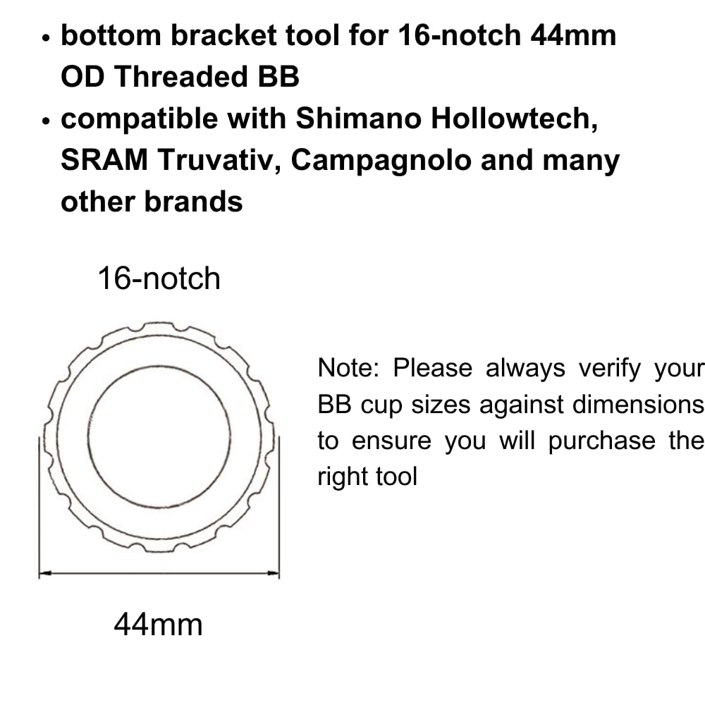 Juscycling Bottom Bracket Tool for 44mm OD 16-Notch Threaded BB, Compatible with Shimano Hollowtech, SRAM Truvativ, Campagnolo and Many Other Brands