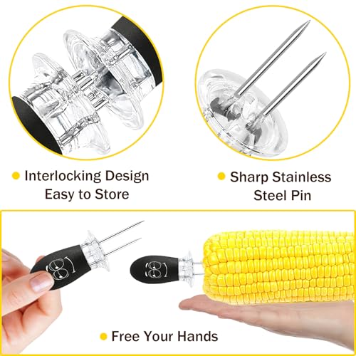 Corn Cob Holders - 10-Piece Stainless Steel Set with Silicone Handles - Black