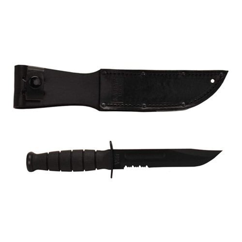 KA-BAR Short Fighting Fixed Blade Knife 5.25" Partially Serrated Clip Point 1095 Cro-Van Black Powder Coat Blade Kraton Handle Black