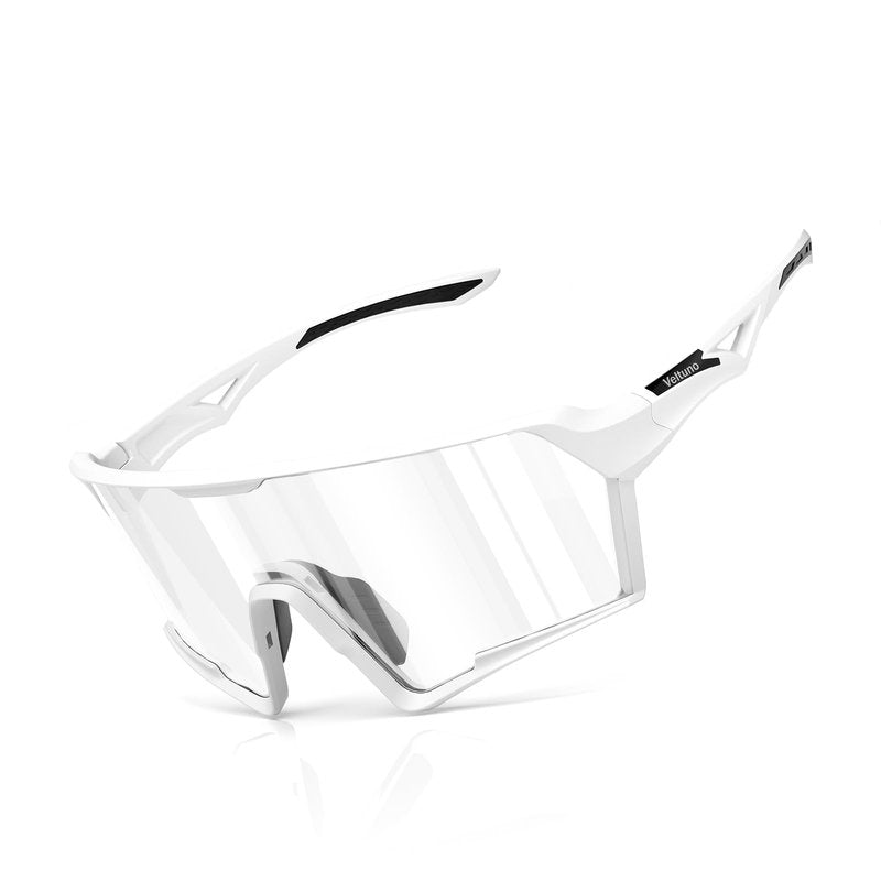 Veltuno Photochromic Cycling Sunglasses for Men Women Youth, UV Protection Sports Sunglasses for Baseball, Running, Driving (White Frame/Revo Clear Lens)