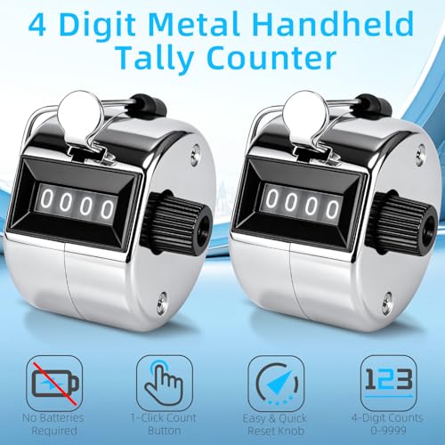 2 Pack Mechanical Hand Tally Counter - 4-Digit Metal Clicker with Lanyard