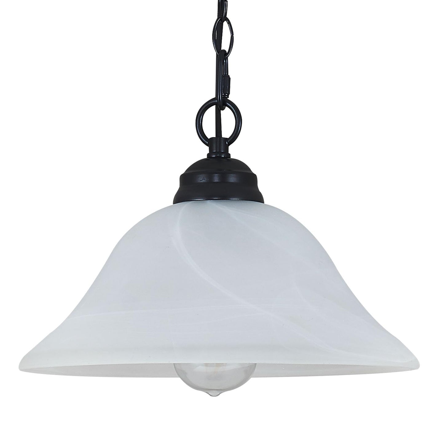 SHENGQINGTOP Plug in Pendant Light Alabaster Glass Shade 15.7" D Hanging Lamp with On/Off Switch,16.4Ft Cord & 14.7Ft Chain Dimmable Black Swag Light Fixture for Kitchen Sink Bar Nook
