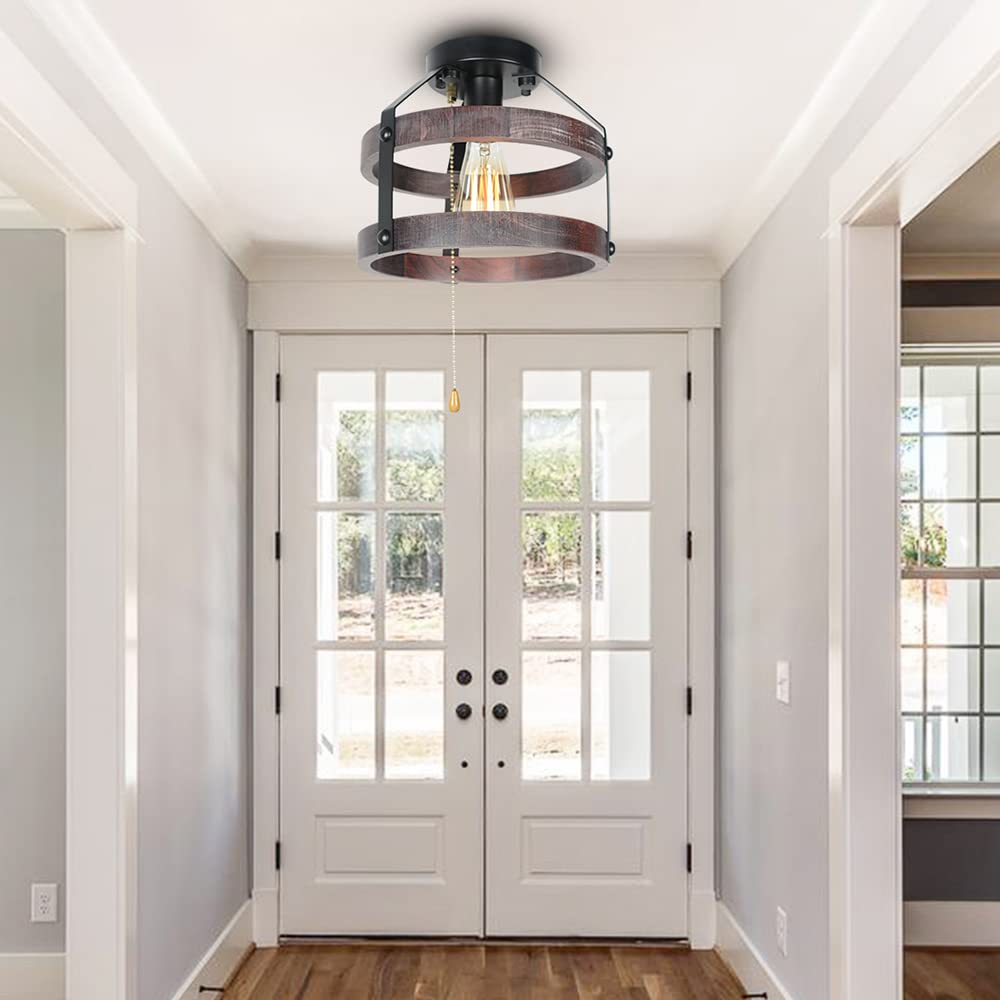 Farmhouse Flush Mount Ceiling Light with Pull Chain, 1-Light Small Wood Rustic Close to Ceiling Light Fixture Pull String Country Home Lighting Edison E26 8060PC