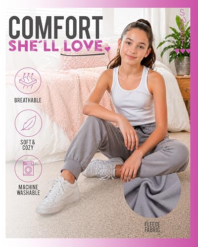 Girls Fleece Jogger Sweatpants - 2 Pack Black & Heather Grey, Sizes 5-18