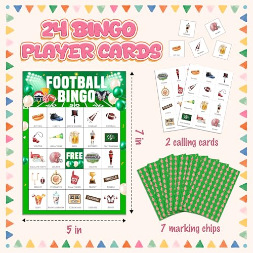 Football Bingo Game Set - 24 Player Party Cards for Kids & Adults - Football