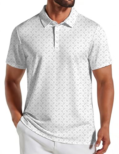 COOFANDY Men's Golf Polo Shirt Large White with Golf Clubs - Quick Dry Short Sleeve Casual Collared Shirt