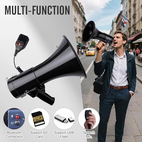 50W Bluetooth Megaphone with Rechargeable Battery - Black