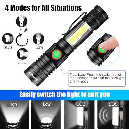 Magnetic Rechargeable Flashlight with Wide-Angle COB Side Light & Super Bright Zoomable Main Light, 4 Mode, USB-C Charging, Secure Magnetic Base for Camping, Emergency, Repairs, 2 Pack