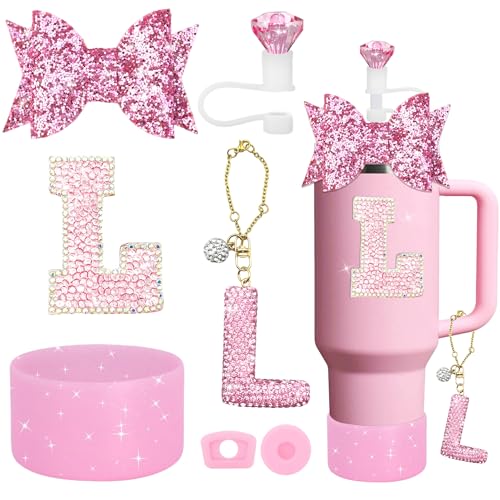 7-Piece Tumbler Accessory Set with Letter Charm and Silicone Boot - Pink L